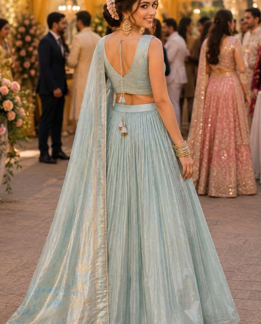 BLUE - Aqua Blue Tissue Readymade Lehenga Choli with Embroidered and Zari Work